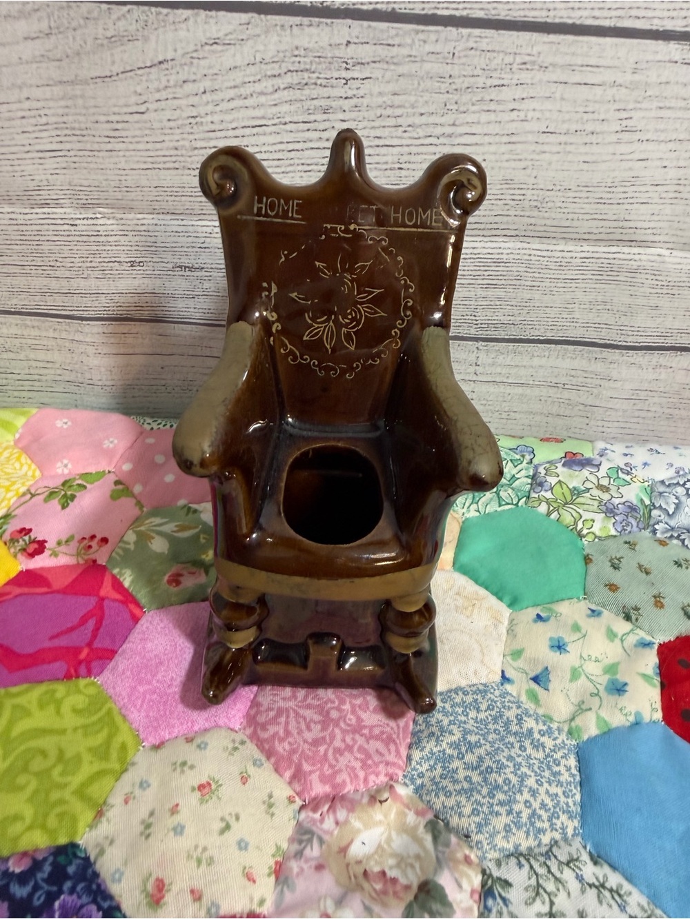 Brown Ceramic Armchair Pin Cushion Holder- Missing Pin Cushion "Home Sweet Home"